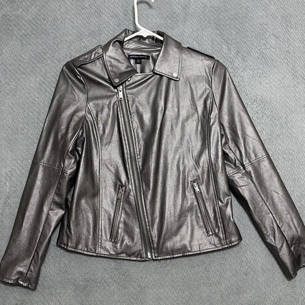 Boston Proper Jacket Womens Medium Silver Faux Leather Moto Biker Zip Pockets